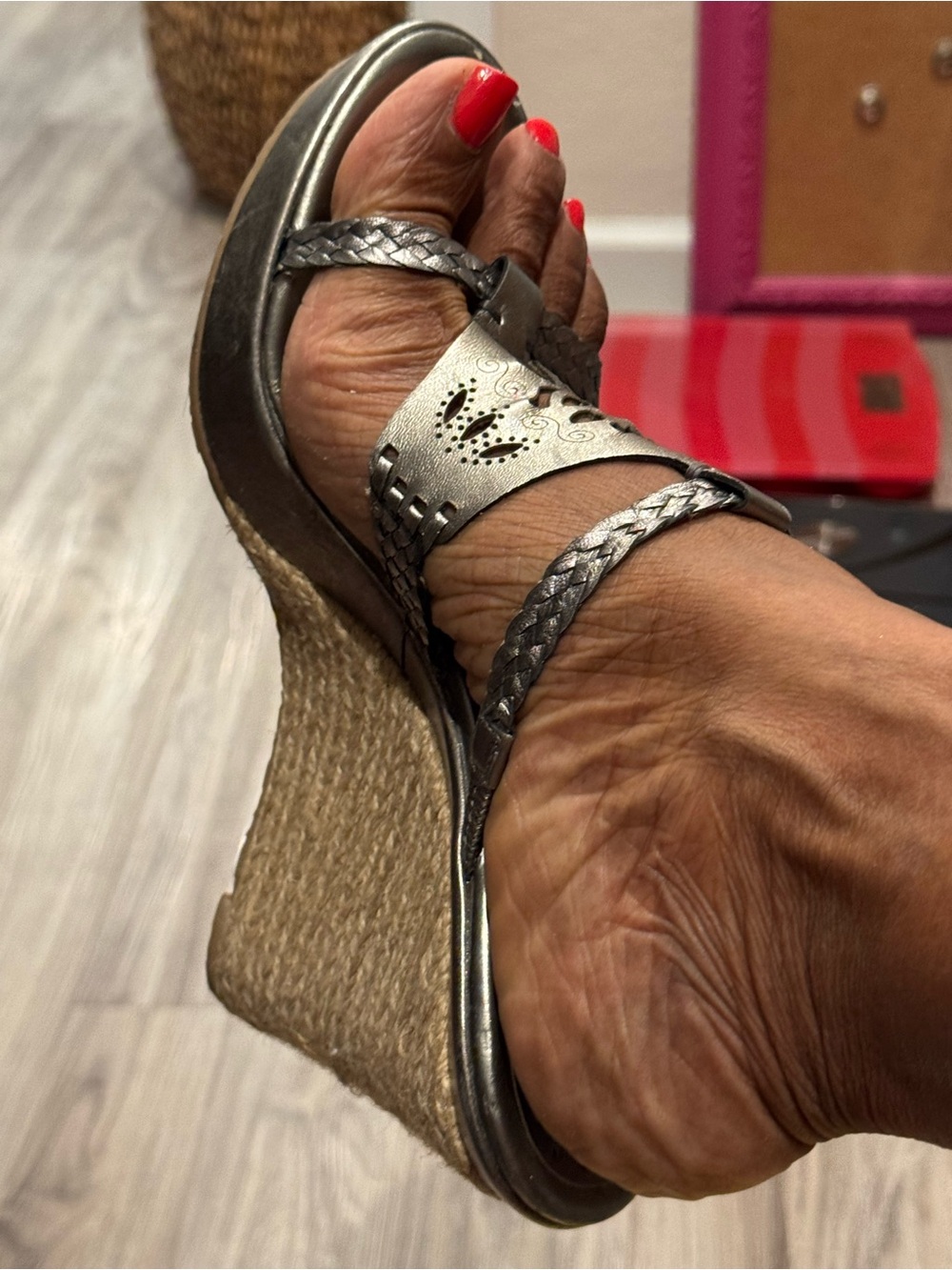 BCBGirls Metallic Silver Braided Espadrille Wedge Sandals, Size 10 - Picture 4 of 4